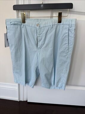Light Blue Cotton Seersucker Flat-Front Men's Shorts